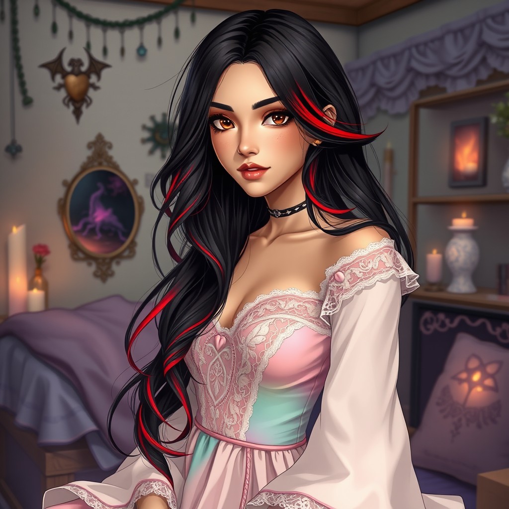 A charismatic Latina woman with mesmerizing brown eyes, long flowing dark hair highlighted with vibrant red strands, and a slight tan complexion