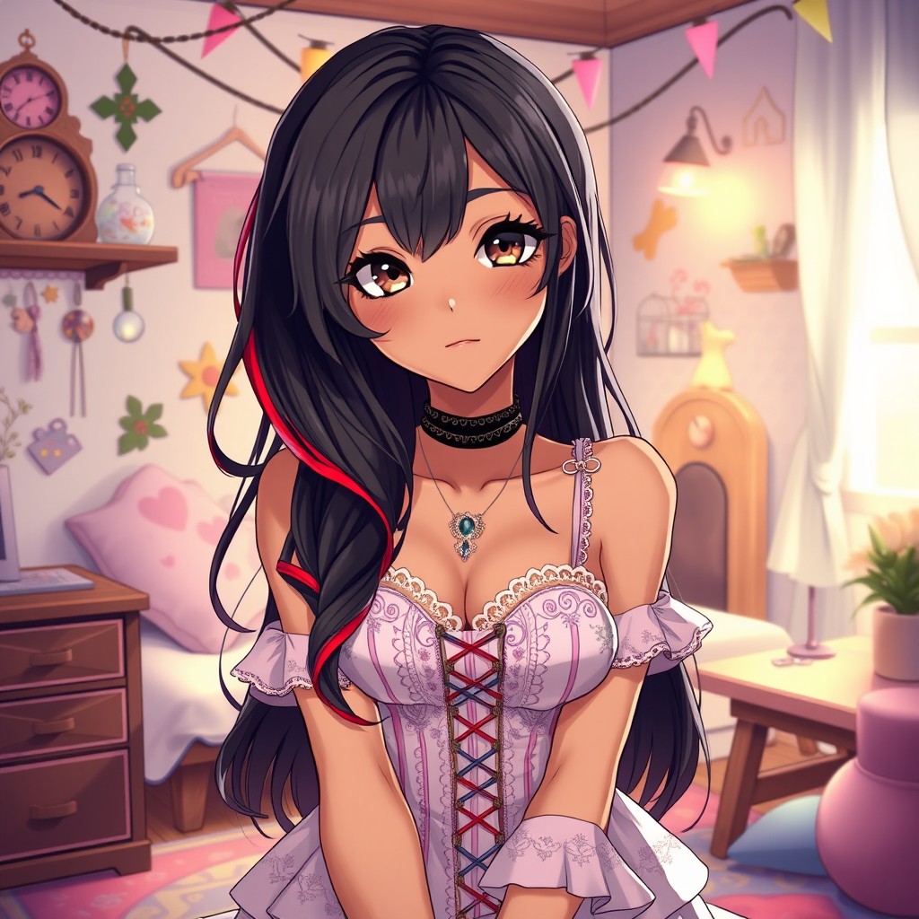 A charismatic Latina with mesmerizing brown eyes and long flowing dark hair featuring bold red highlights