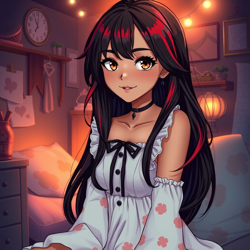 A charismatic Latina with mesmerizing brown eyes and long flowing dark hair adorned with striking red highlights