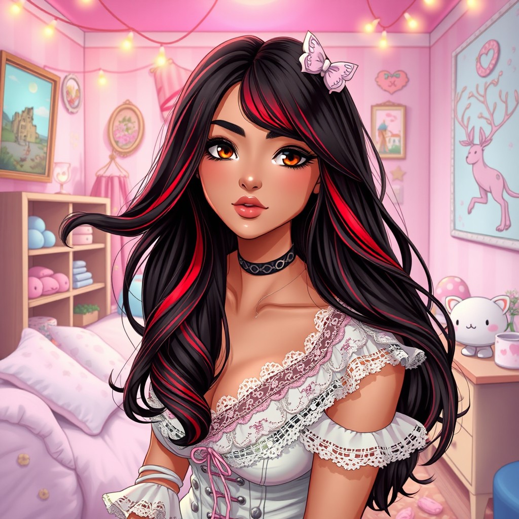 A charismatic Latina woman with mesmerizing brown eyes and long flowing dark hair featuring radiant red highlights, showcasing her slight tan complexion