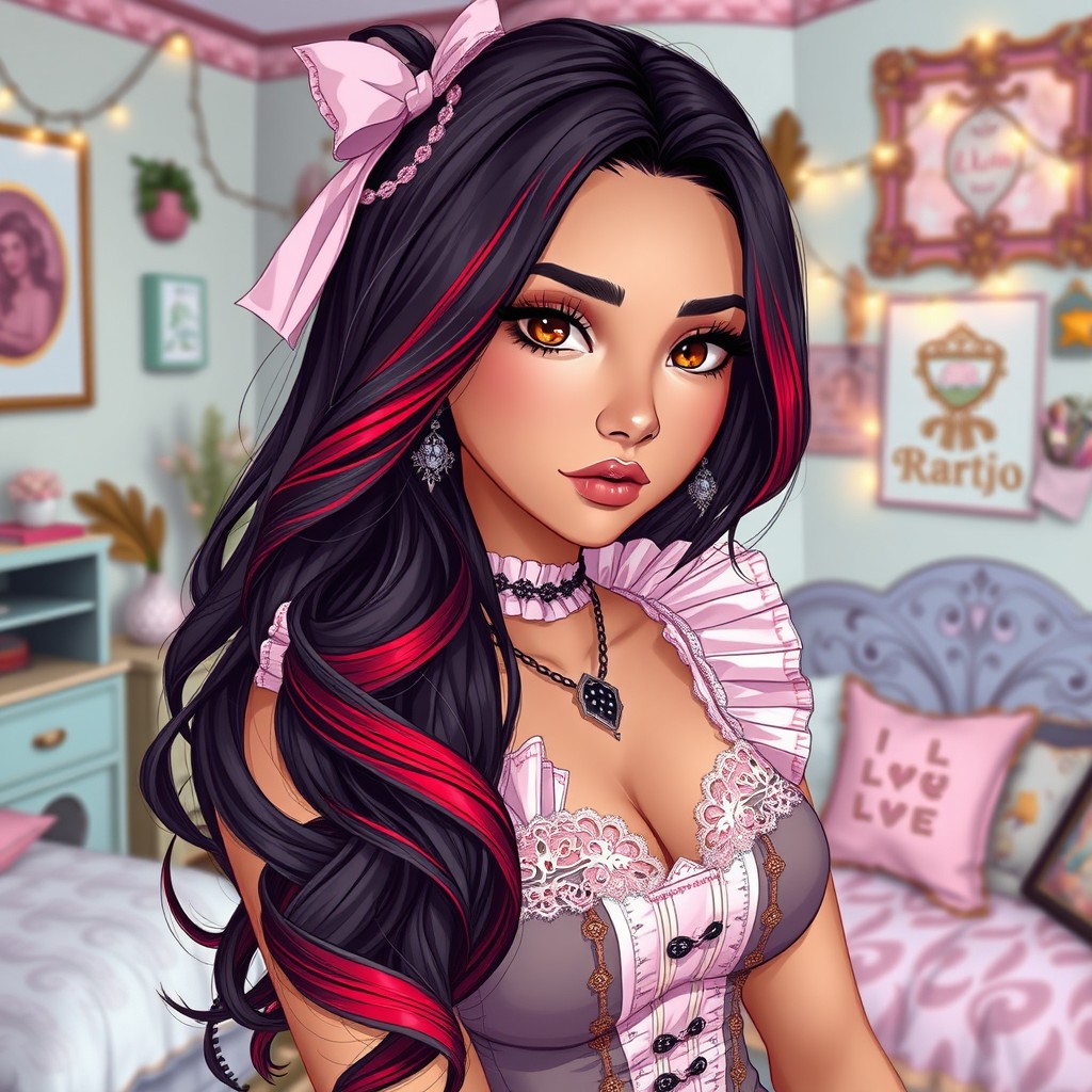 A charismatic Latina woman with mesmerizing brown eyes and long flowing dark hair featuring vibrant red highlights, showcasing her slight tan complexion