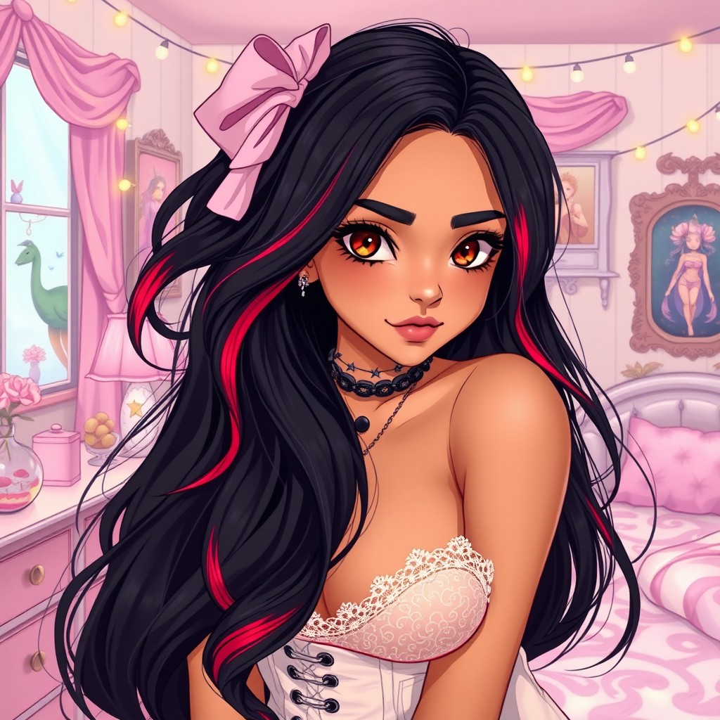 A charismatic Latina woman with mesmerizing brown eyes and long flowing dark hair that features vibrant red highlights, showcasing her slight tan complexion