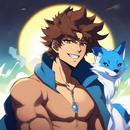 Dark anime version of a man with a crazy face, brown skin, behind a beautiful sun, curly hair, with a blue fox behind him