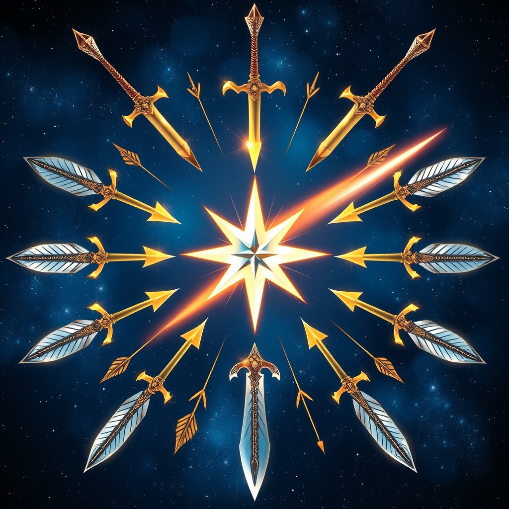 A beautiful shooting star surrounded by an array of gleaming swords and arrows, creating a dynamic and celestial atmosphere