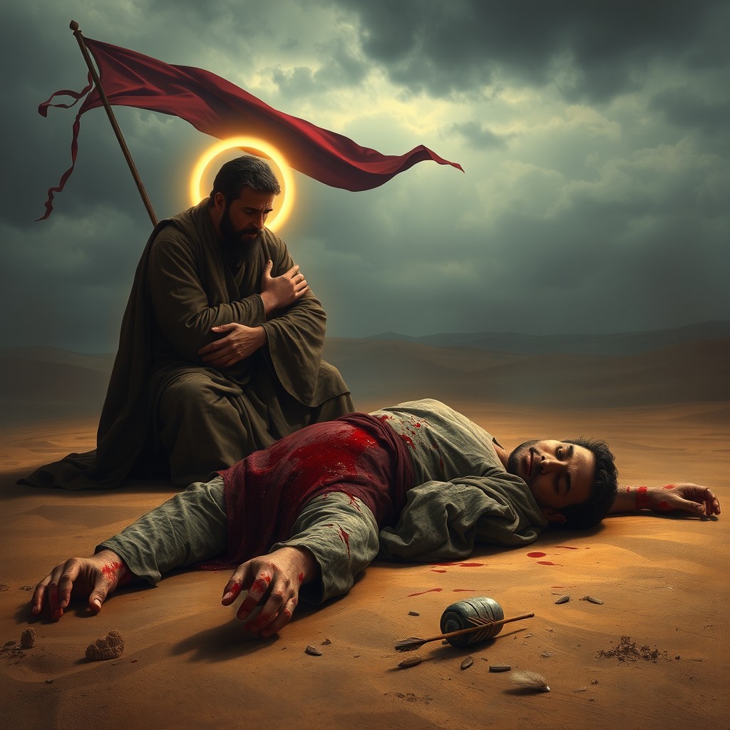 A realistic and emotional scene depicting the aftermath of the Battle of Karbala