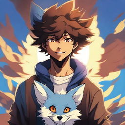 Dark anime version of a man with a crazy face, brown skin, behind a beautiful sun, curly hair, with a blue fox behind him