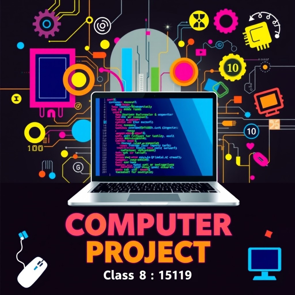 A vibrant cover page for a computer science project, aimed at a class 8 student