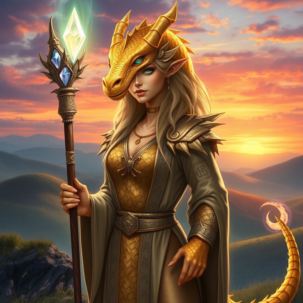 A stunning gold dragonborn sorceress standing confidently with a magical aura surrounding her