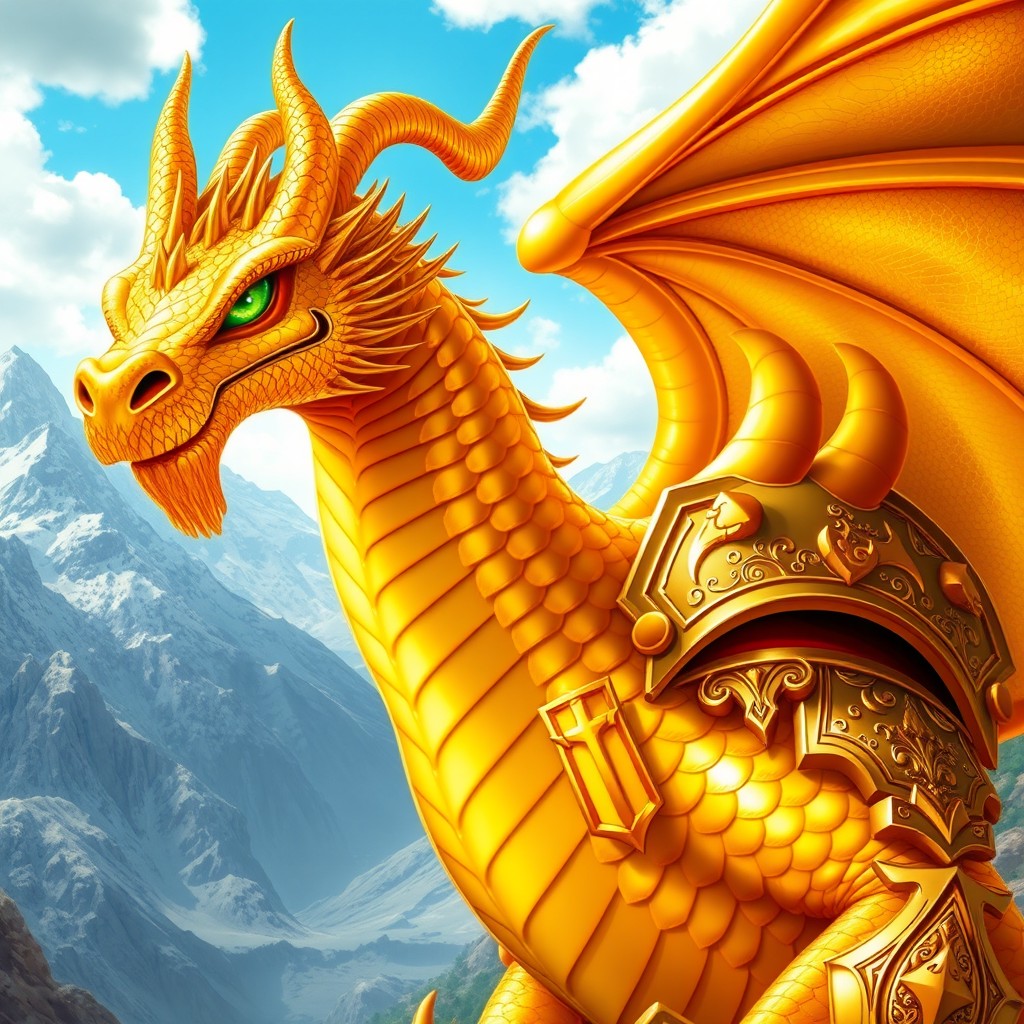 A majestic gold dragonborn character, showcasing a majestic stature with gleaming golden scales that shimmer like sunlight