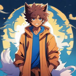 Dark anime version of a man with a crazy face, brown skin, behind a beautiful sun, curly hair, with a blue fox behind him