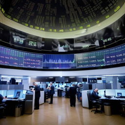 An expansive stock market scene with traders glued to their computer screens, displaying continuously fluctuating stock charts and numbers.