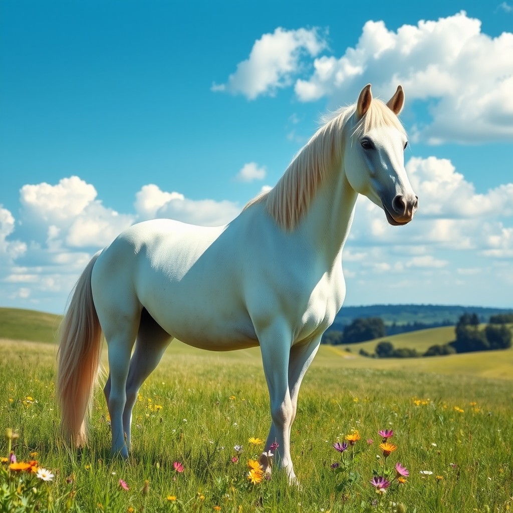 A majestic white horse standing gracefully in a lush green meadow, under a clear blue sky with fluffy white clouds