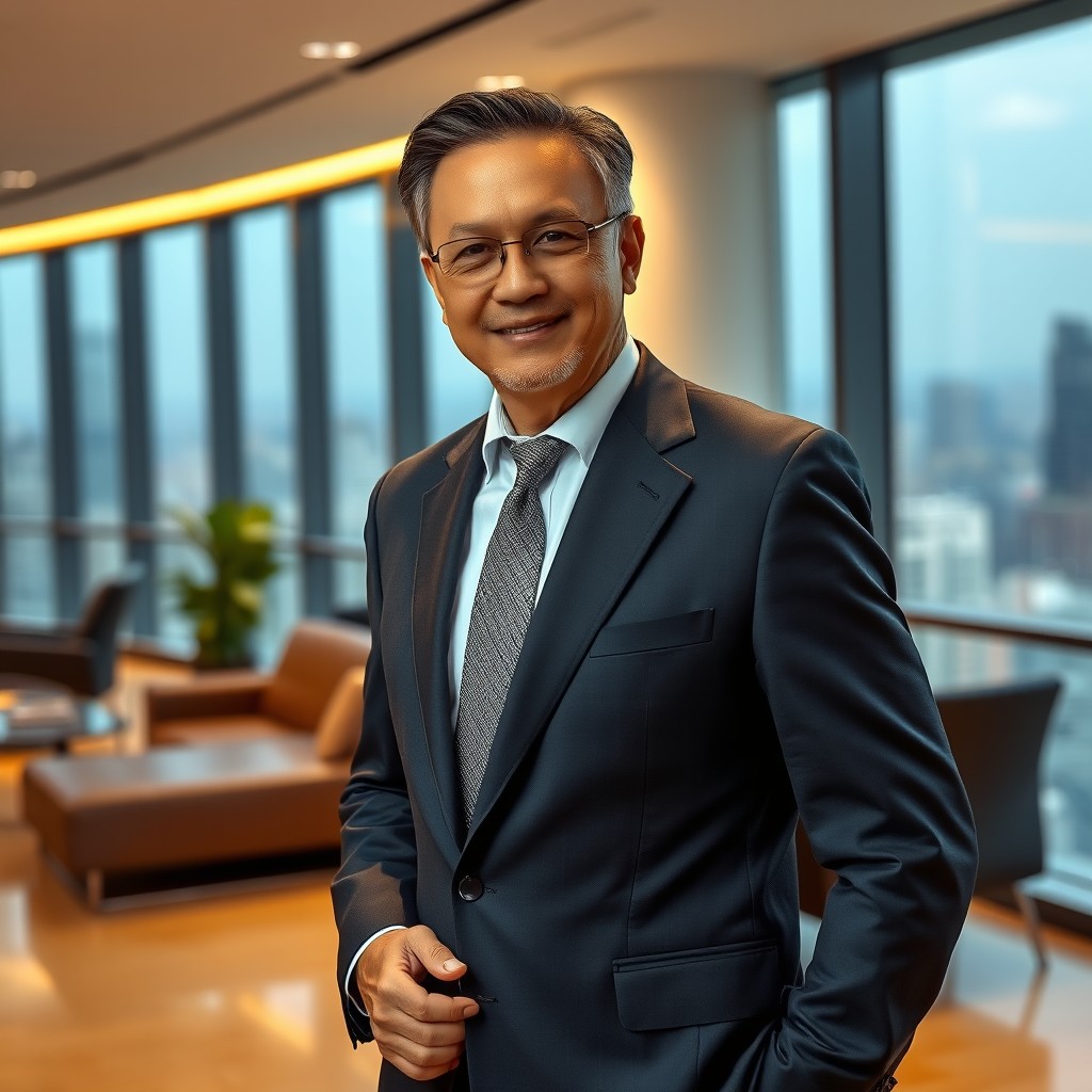 A distinguished businessman in his 50s, standing confidently in a modern office in Jakarta