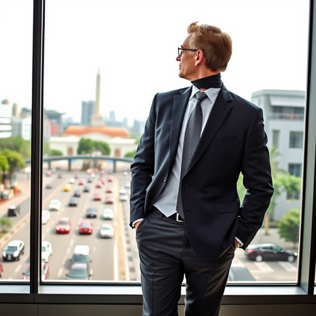 A wealthy businessman in his 50s, standing confidently and gazing out of a large glass window from his office in Jakarta