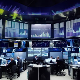 An expansive stock market scene with traders glued to their computer screens, displaying continuously fluctuating stock charts and numbers.