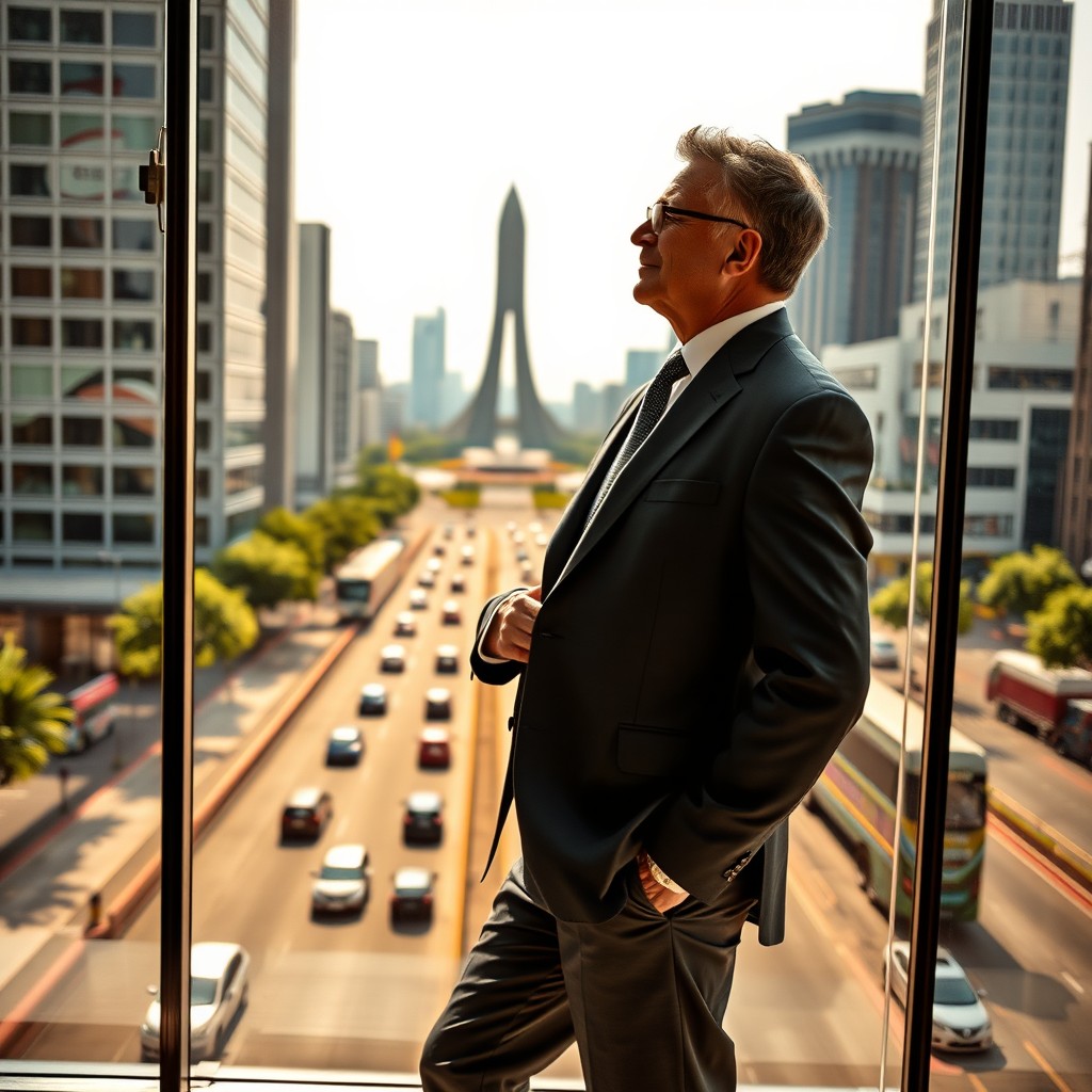 A wealthy businessman in his 50s, identical to the previous description, standing proudly and gazing out of a large glass window from his office in Jakarta