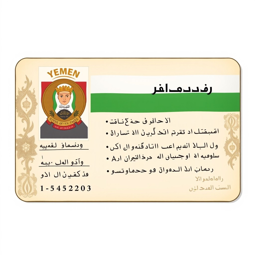 A detailed illustration of a Yemeni national ID card, featuring the emblem of Yemen, written personal information fields in Arabic such as name, date of birth, and ID number, and artistic elements representing Yemen's culture, perhaps integrating traditional patterns or colors from the Yemeni flag
