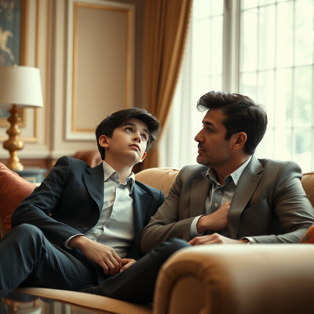 A handsome 15-year-old boy with black hair is sitting on a luxurious sofa in the living room of a wealthy businessman