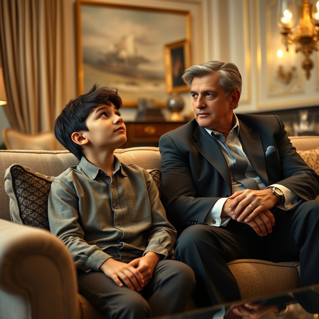 A handsome 15-year-old boy with black hair is sitting on an elegant sofa in the luxurious living room of his wealthy businessman father, who is around 55 years old