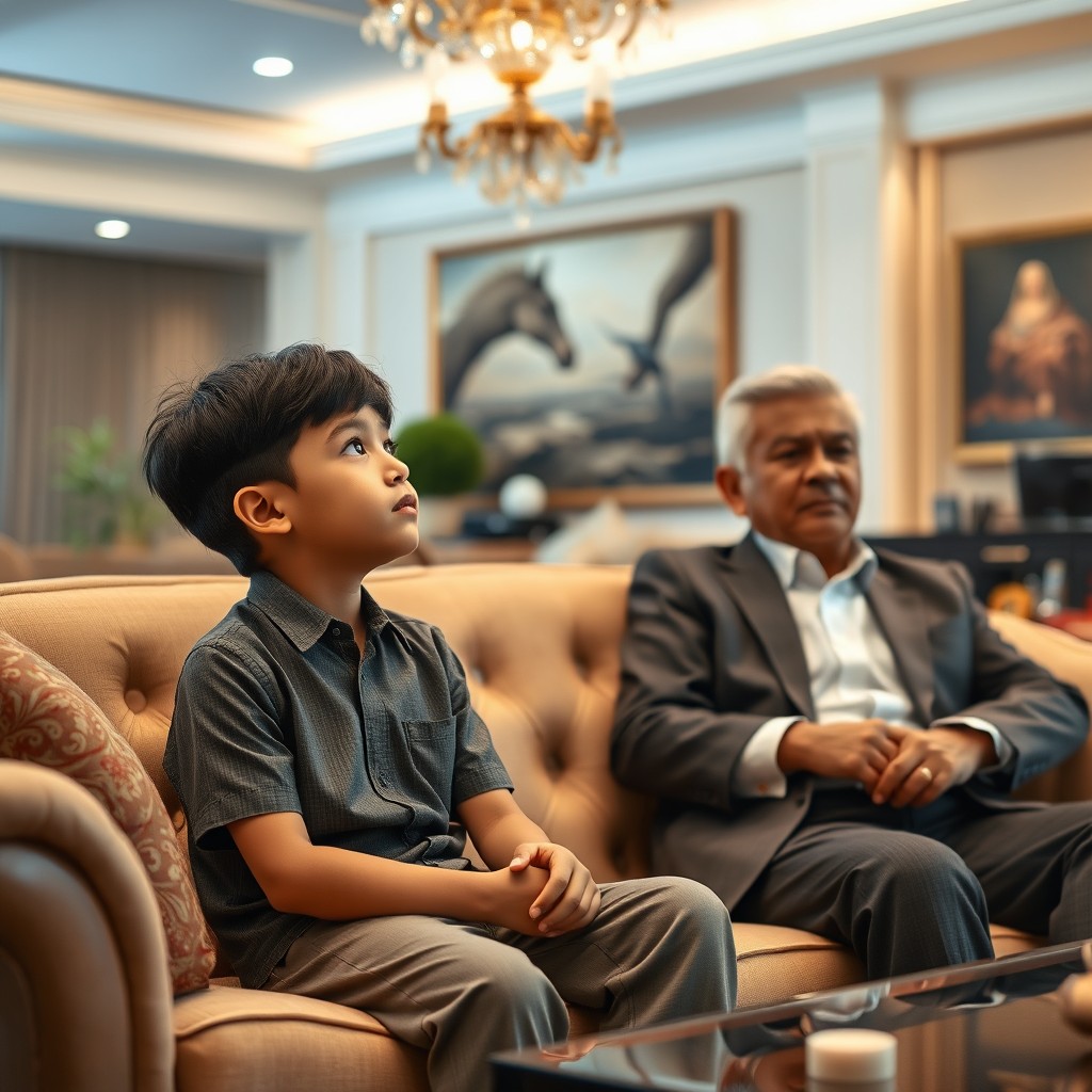 A handsome 15-year-old boy with black hair is sitting on a luxurious sofa in the living room of his wealthy Indonesian businessman father, who is around 55 years old