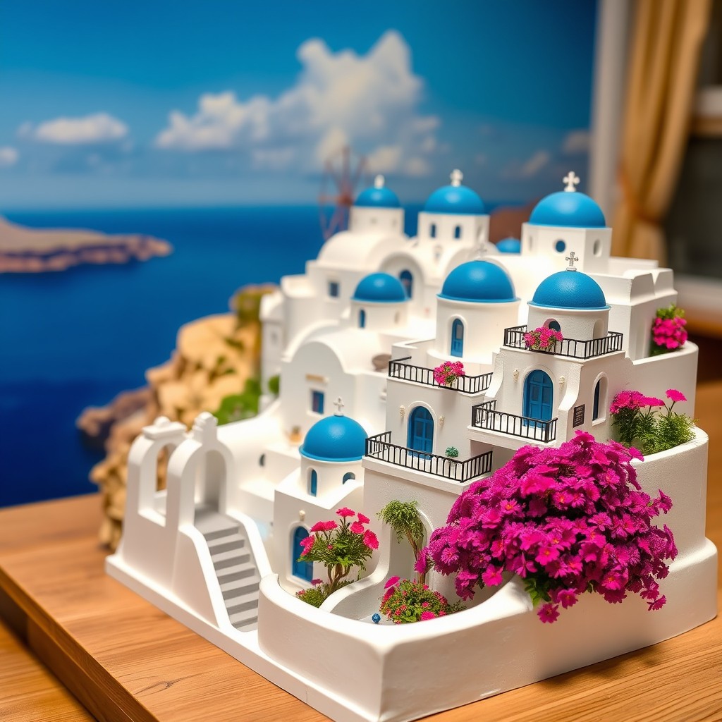 A stunning, detailed model of Santorini, showcasing the iconic whitewashed buildings with blue domes, perched on the cliffside overlooking the Aegean Sea