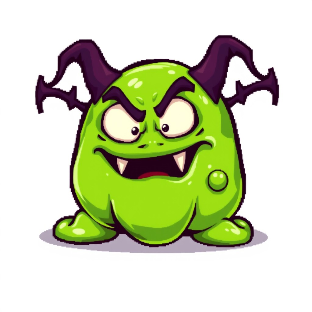 An evil slime blob character, designed in a pixel art style, with a menacing expression, large eyes, and sharp teeth