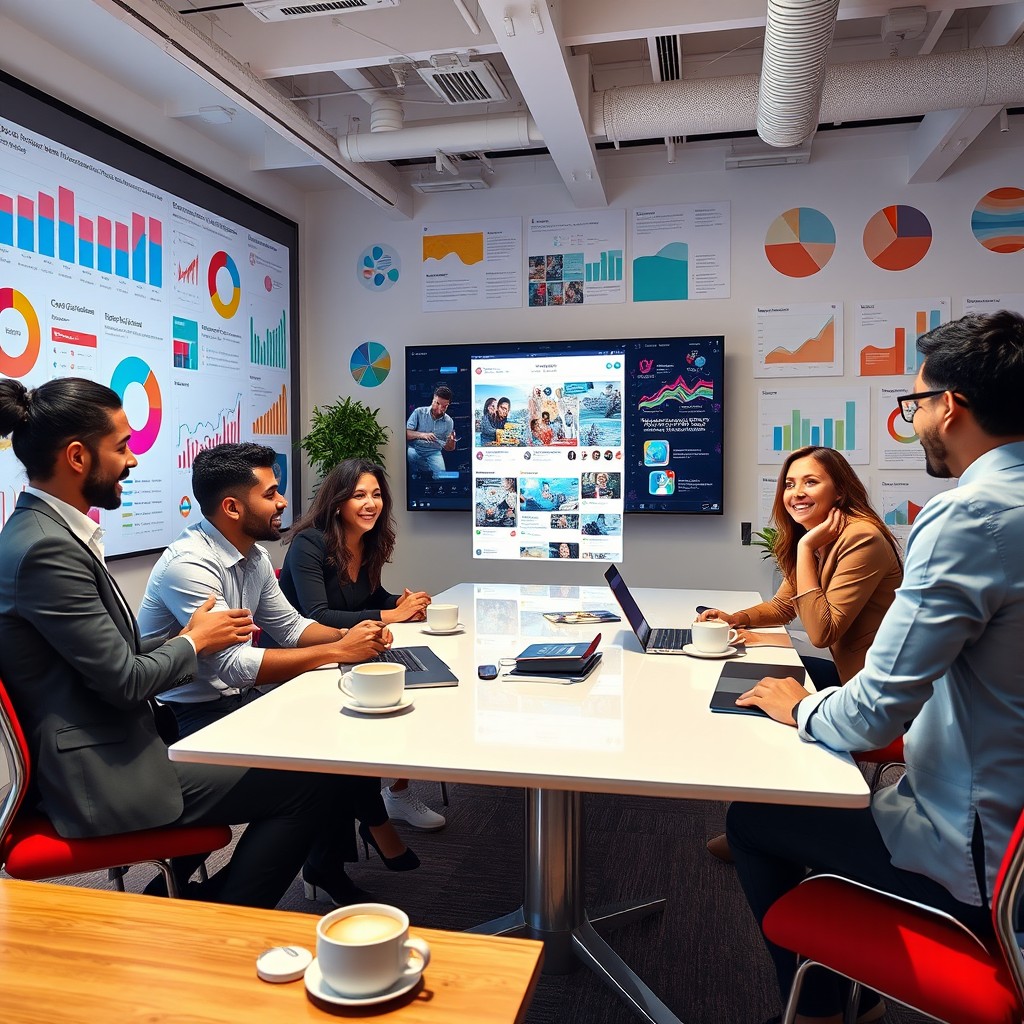 A vibrant and engaging marketing scene featuring a diverse group of professionals collaborating in a modern office