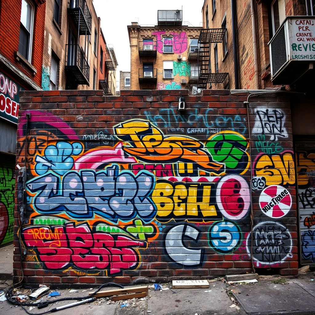 A vibrant graffiti-covered brick wall in a gritty, urban ghetto environment