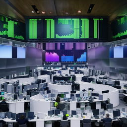 An expansive stock market scene with traders glued to their computer screens, displaying continuously fluctuating stock charts and numbers.