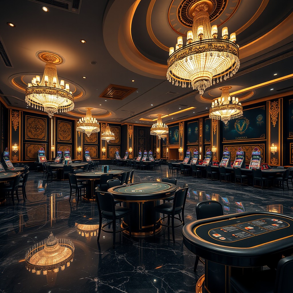 A luxurious casino interior featuring an expansive, empty space filled with elegantly designed gaming tables, all set in rich black and gold tones