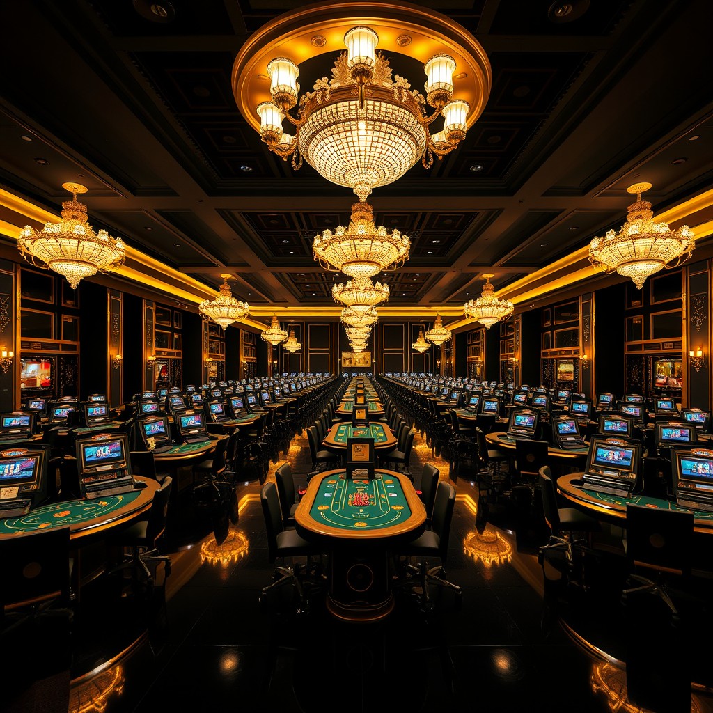 An opulent casino interior exclusively in black and gold hues, featuring an expansive hall filled with rows of elegantly designed gaming tables