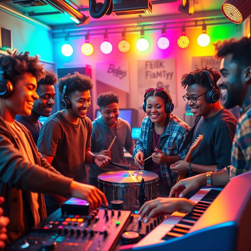 A vibrant, energetic scene depicting a lively music studio filled with colorful lights and instruments, where a diverse group of young musicians collaborate passionately to create a trap beat