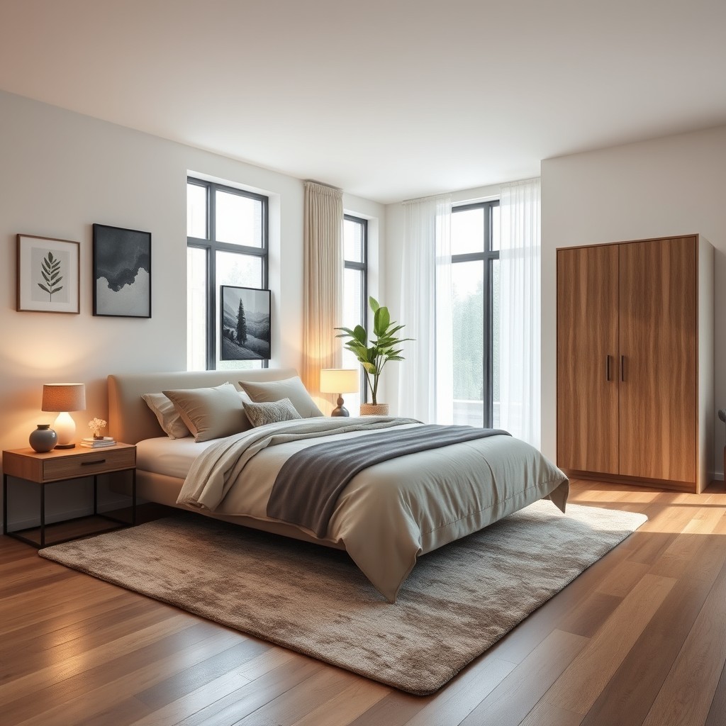 An aesthetic modern bedroom design featuring a stylish bed with plush bedding, complementing throw pillows, and a sleek modern headboard