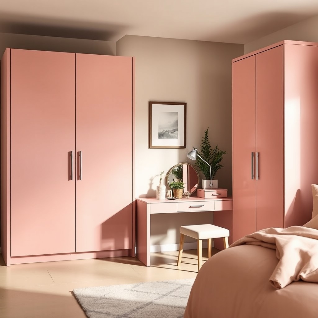 A stylish modern bedroom featuring a dusty pink wardrobe and a matching vanity table