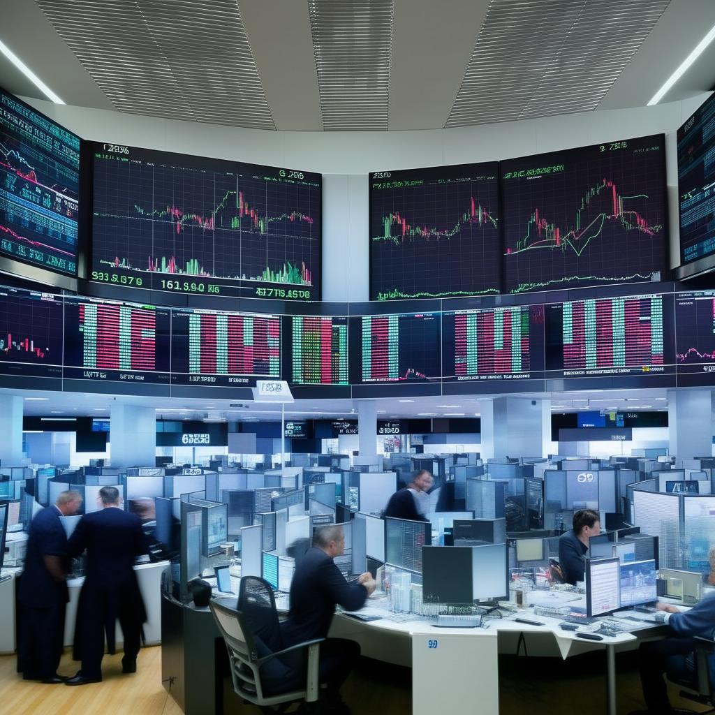 An expansive stock market scene with traders glued to their computer screens, displaying continuously fluctuating stock charts and numbers.