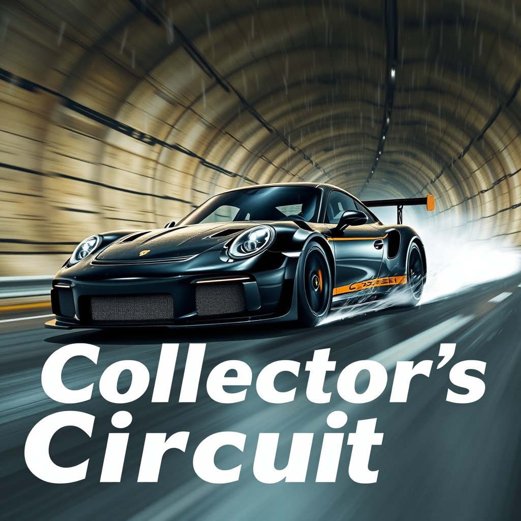 A logo featuring a black Porsche GTR3S racing through a realistic tunnel environment, emphasizing speed and motion
