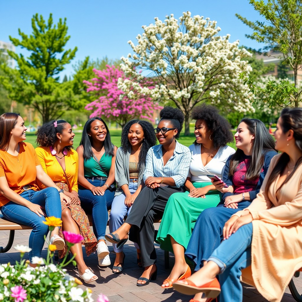A diverse group of women of different ages, ethnicities, and styles interacting joyfully in an urban park setting