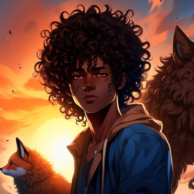 Dark anime version of a man with a crazy face, brown skin, positioned in front of a beautiful sun, with curly hair, and a blue fox behind him