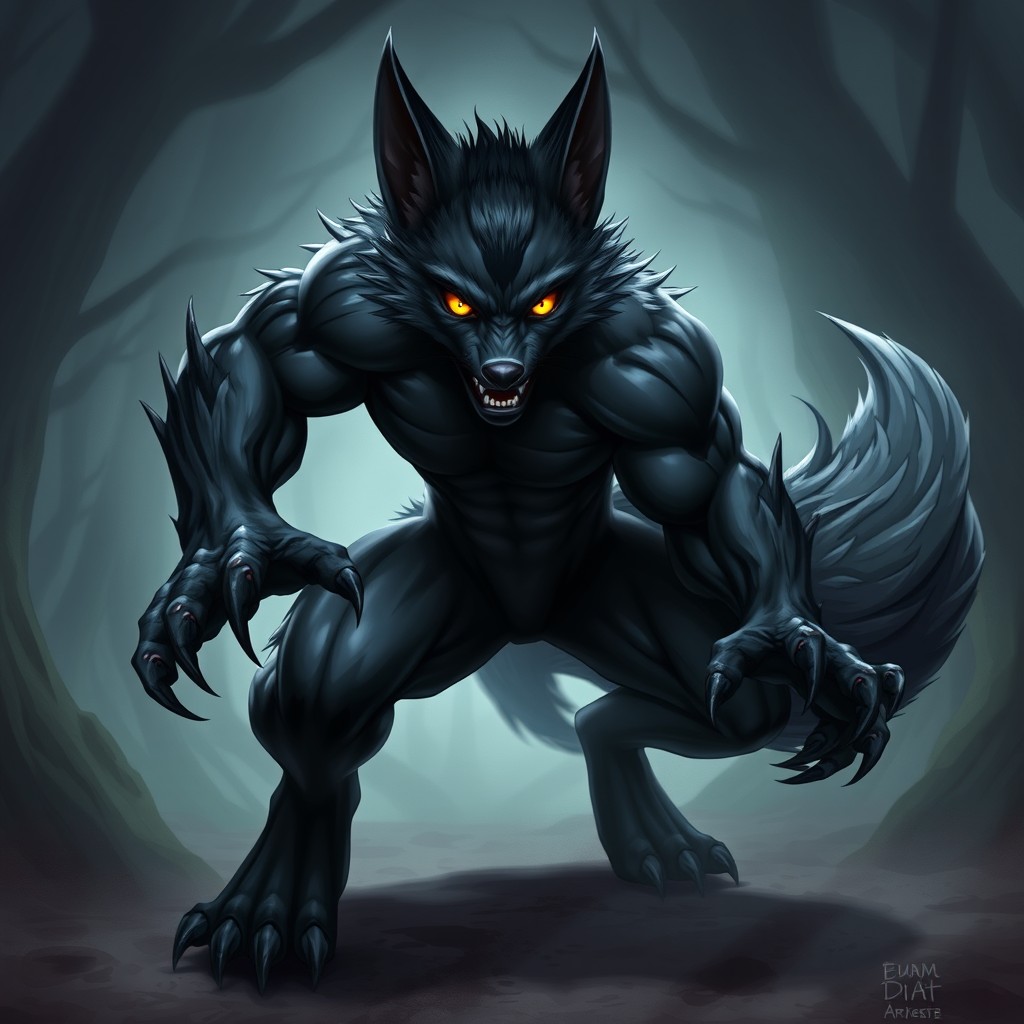 A powerful black werefox character in a battle stance, showcasing a strong and muscular build while still appearing fit
