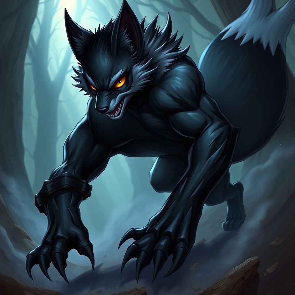 A striking black werefox character in a dynamic battle stance, showcasing a robust yet fit physique