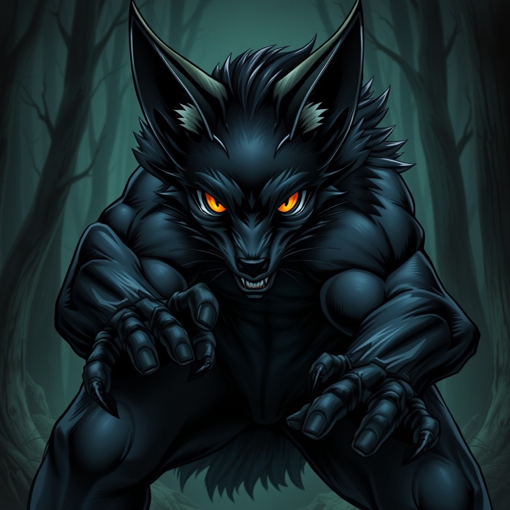 A compelling art piece featuring a black werefox character depicted in an aggressive battle stance