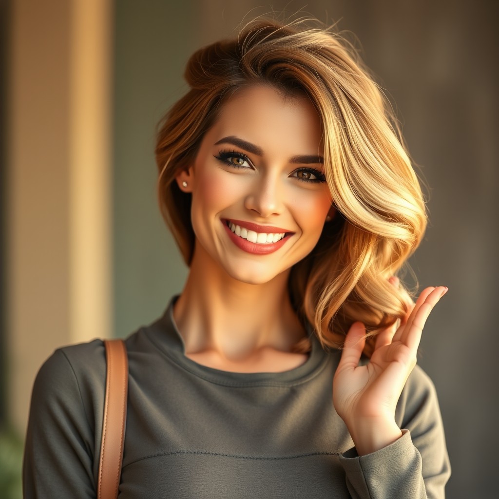 An attractive woman exuding confidence and charm, standing in an inviting pose that highlights her natural beauty