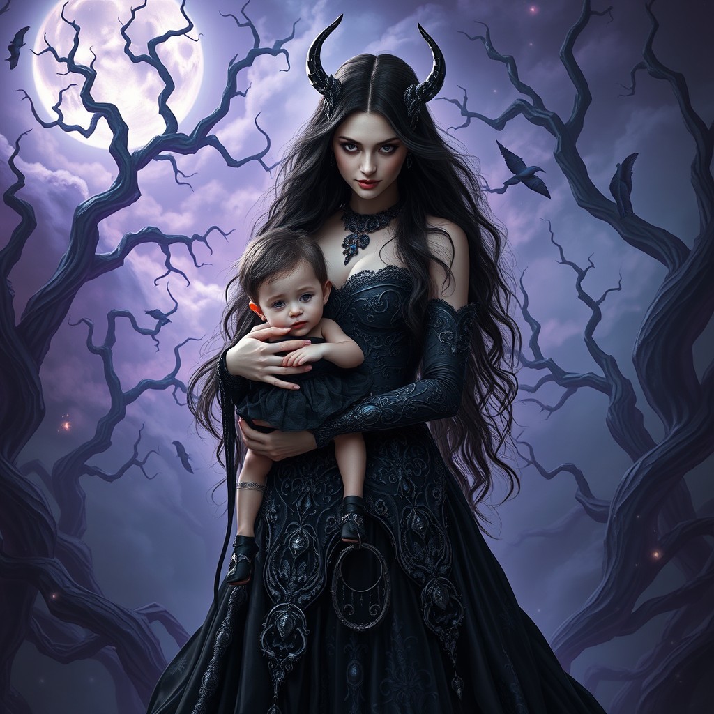 A stunning and mystical image of Lilith, a dark goddess, depicted with long flowing black hair and a magnificent, intricately designed black gown adorned with shimmering silver details