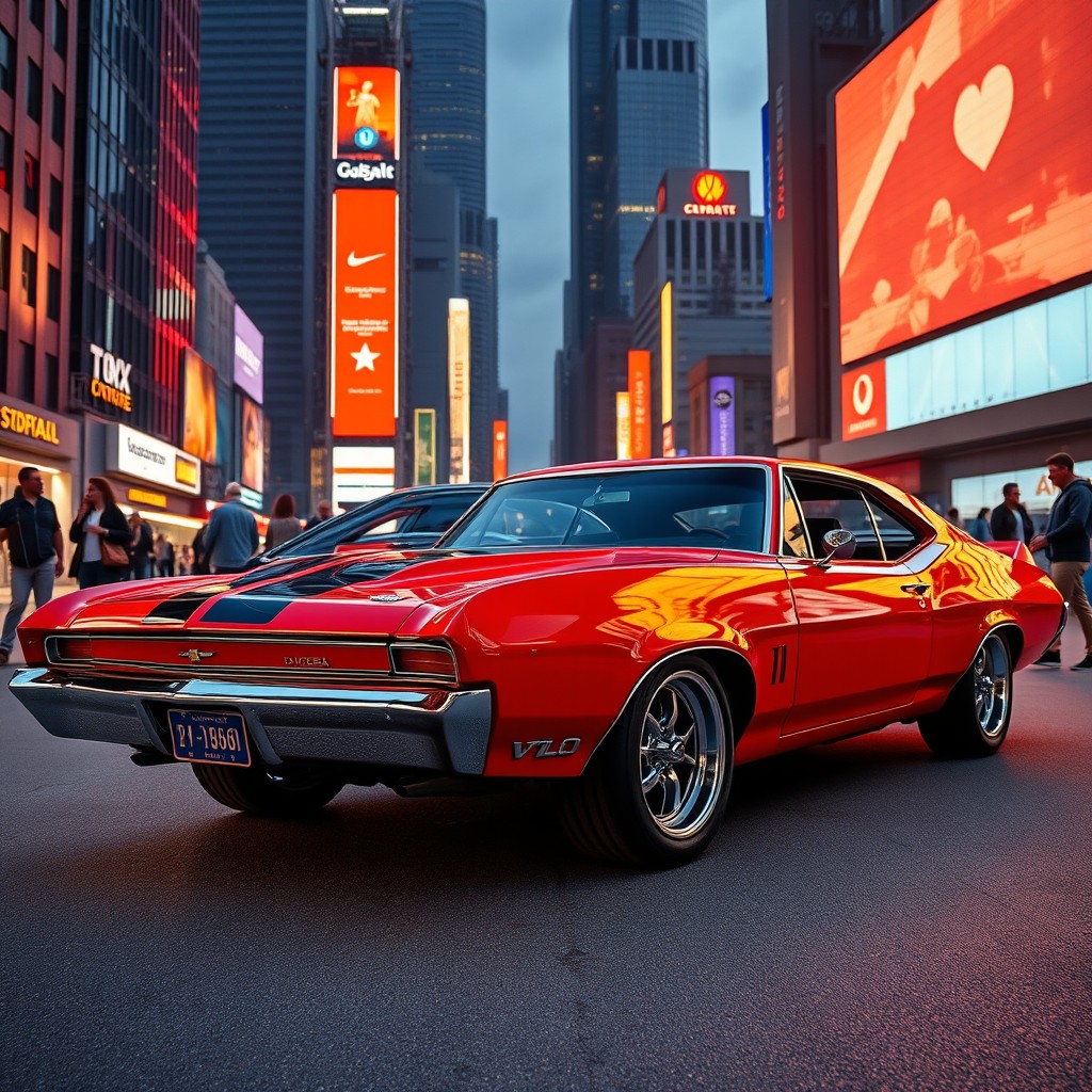 A sleek and powerful Declasse Vigero VL1 muscle car, vibrant in a fiery red color with bold racing stripes