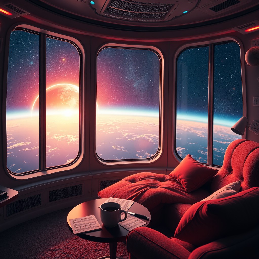 An inviting and cozy interior of a spaceship room with large windows offering a breathtaking view of a colorful planet hovering in the cosmos