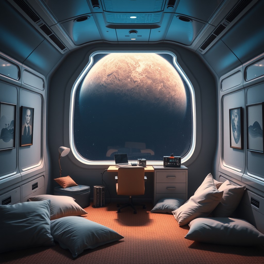 A calming and cozy interior of a spaceship room designed for relaxation, featuring large panoramic windows that showcase a stunning view of a planet in deep space