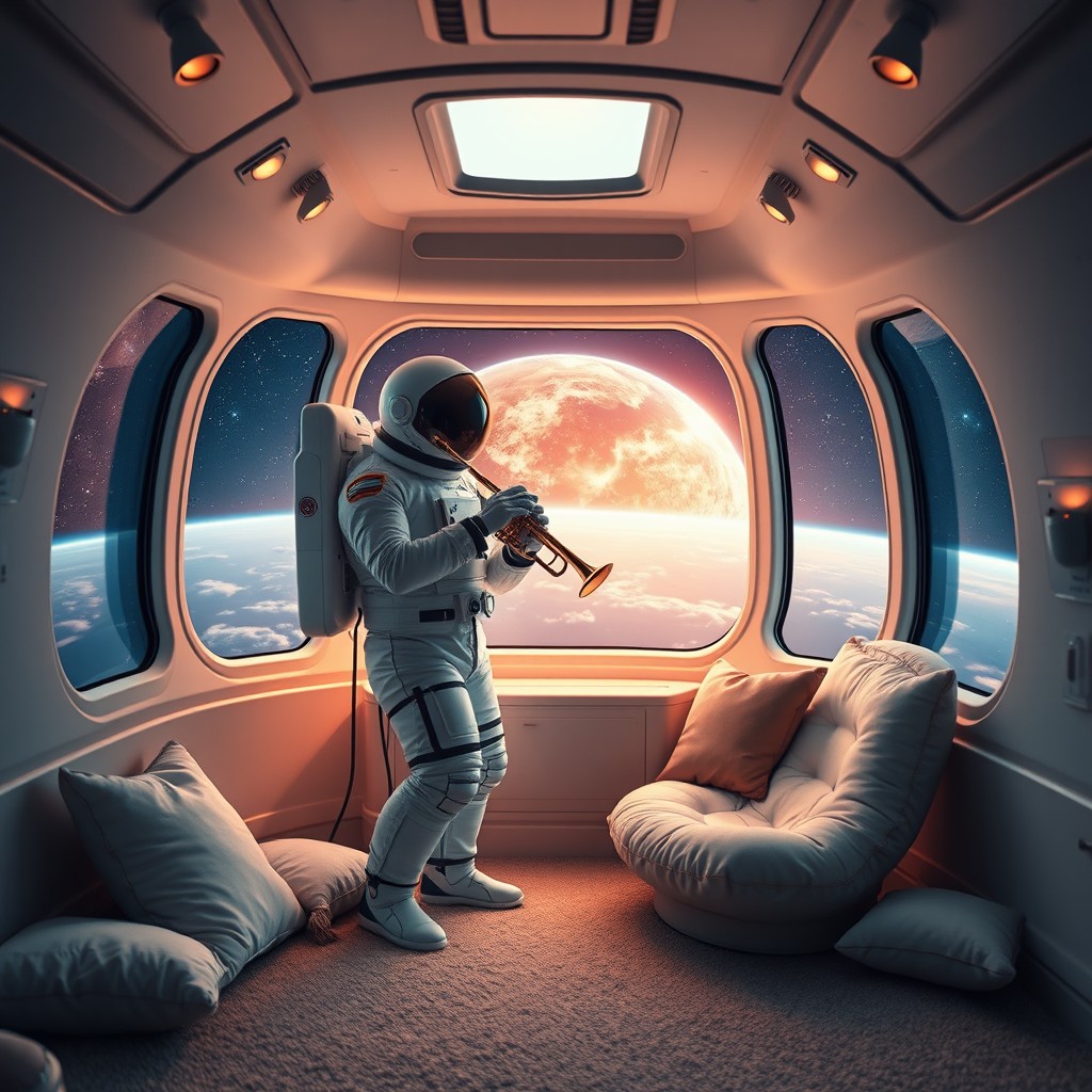 Inside a cozy spaceship room designed for relaxation, a serene atmosphere unfolds as a space person, wearing a stylish space suit, plays a trumpet