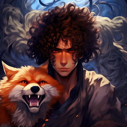 Anime interpretation of a man with a crazy face, brown skin, featuring Sharingan in the background, curly hair, and a blue fox lurking behind him