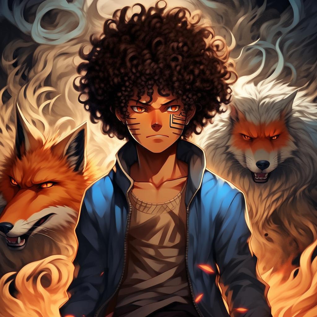 Anime interpretation of a man with a crazy face, brown skin, featuring Sharingan in the background, curly hair, and a blue fox lurking behind him