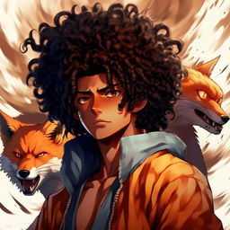 Anime interpretation of a man with a crazy face, brown skin, featuring Sharingan in the background, curly hair, and a blue fox lurking behind him